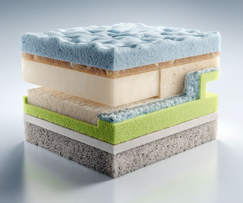 Materasso in schiuma Illustrazione 3D di un materasso in schiuma mostrato in sezione esplosa, con diversi strati sovrapposti di colori blu, beige, verde e grigio che evidenziano le differenti densità e strutture cellulari dei materiali.