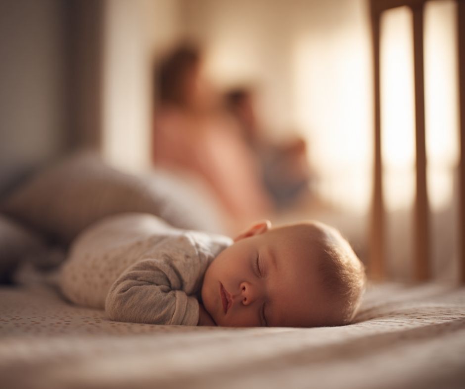 Neonato che dorme serenamente a pancia in giù su un materasso, con luce calda del mattino che entra dalla finestra; sullo sfondo, leggermente sfocati, si intravedono due genitori sdraiati a letto che osservano con dolcezza, creando un’atmosfera intima, sicura e familiare.