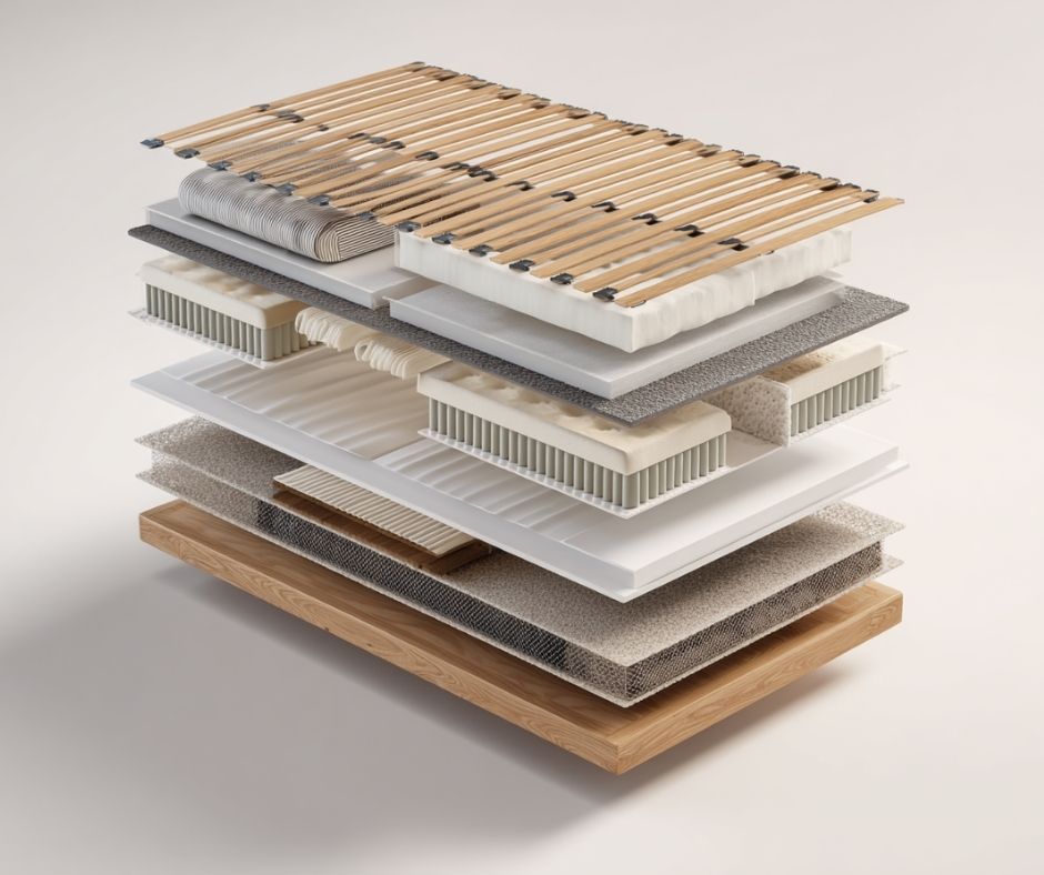 Vista esplosa di un sistema letto composto da rete ortopedica a doghe in legno e materasso multistrato, con i vari livelli separati e sospesi per mostrare la struttura interna, su sfondo neutro chiaro