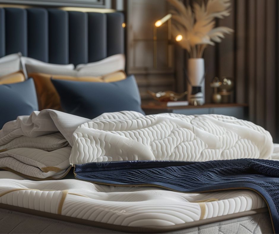 Topper cos’è Letto matrimoniale moderno con materasso e topper in memory foam bianco a onde, parzialmente sollevato per mostrarne gli strati; biancheria nei toni del blu e del beige, testiera imbottita scura e comodino con lampada e vaso decorativo sullo sfondo.