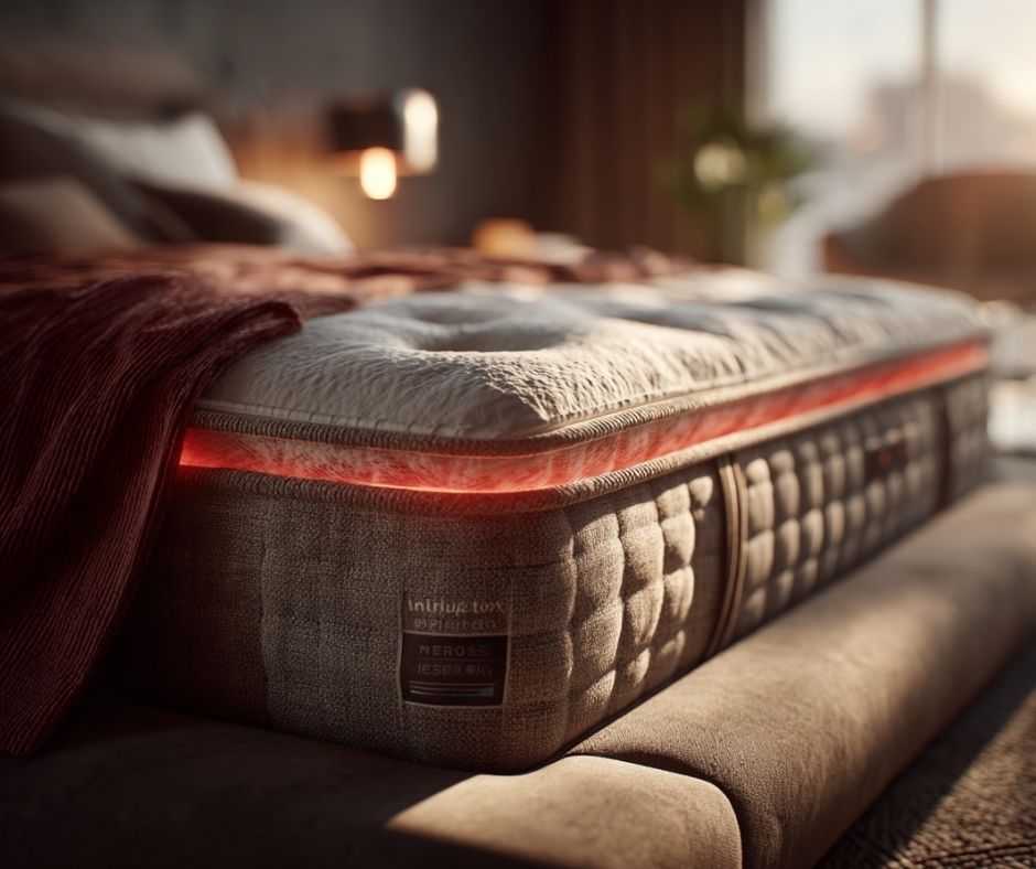 Materasso moderno in primo piano con rivestimento trapuntato e bordo cucito, appoggiato su una base imbottita in una camera da letto elegante e luminosa. Una fascia luminosa rossa visibile tra gli strati interni suggerisce tecnologia o supporto ergonomico avanzato per la schiena. Sul materasso è appoggiata una coperta scura, mentre sullo sfondo sfocato si intravedono comodino e finestra con luce naturale calda.