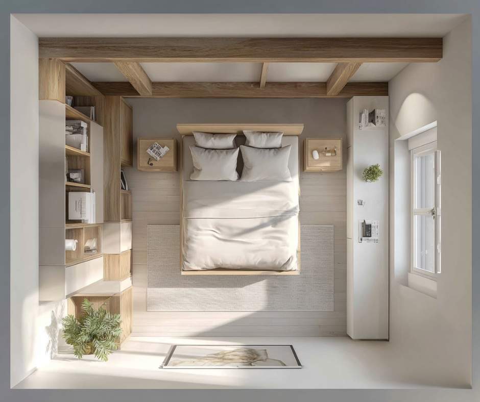 Letto matrimoniale Vista dall’alto di una camera da letto moderna con letto matrimoniale in legno chiaro, comodini sospesi, armadio su misura e finestra laterale che illumina l’ambiente con luce naturale.